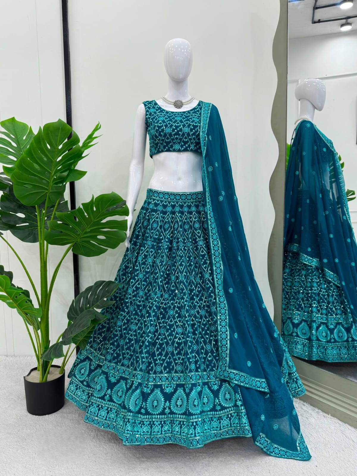 Teal Blue Embroidered Faux Georgette Lehenga With Sequins & Dupatta